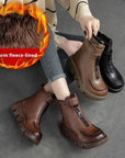 Cotton Boots Soft Full Grain Leather Retro Platform Motorcycle Boots Muffin Heel