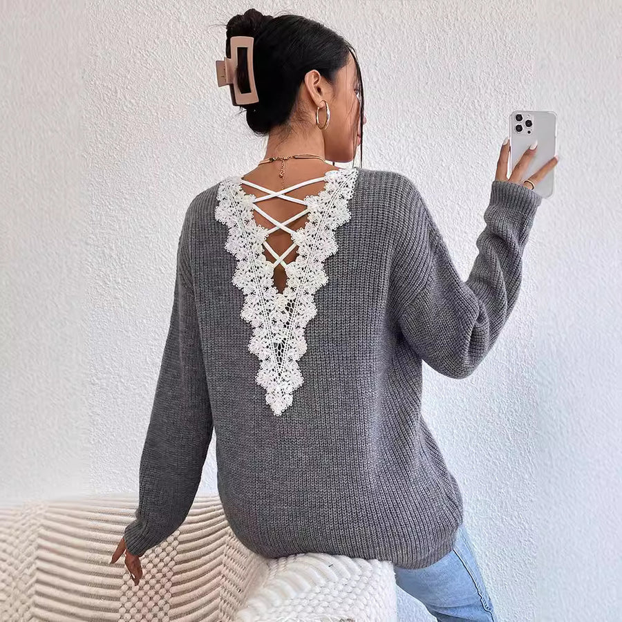 Lace Backless Hollow Out V-neck Pullover Long Sleeve Sweater