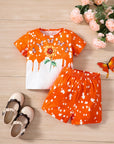 Girls Sunflower And Butterfly Pattern Short Sleeve Top Shorts Suit