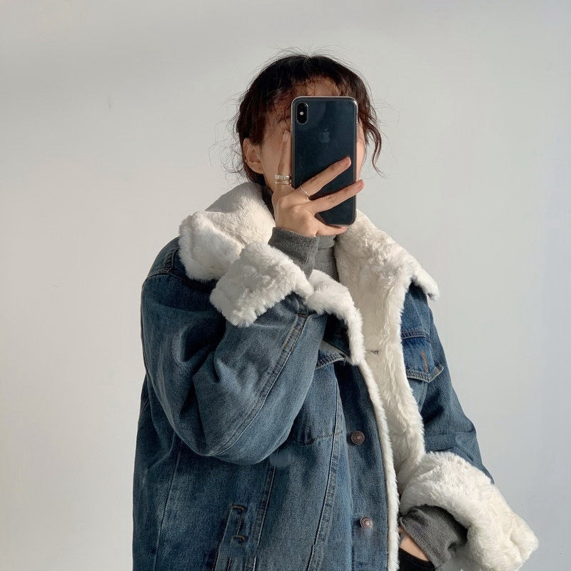 Plush Thick Lamb Wool Denim Jacket Women Short