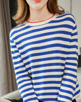 Round Neck Striped Sweater Women's Cotton Long Sleeve T-shirt Navy-striped Shirt Loose Bottoming T-Shirt