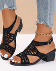 Summer Female Chunky Heel Rhinestone Hollow Out Peep-toe High-heeled Sandals