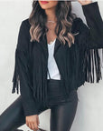 Women's Faux Suede Leather Fringe Jacket Motorcycle Moto Biker Short Open Front Tassel Coat