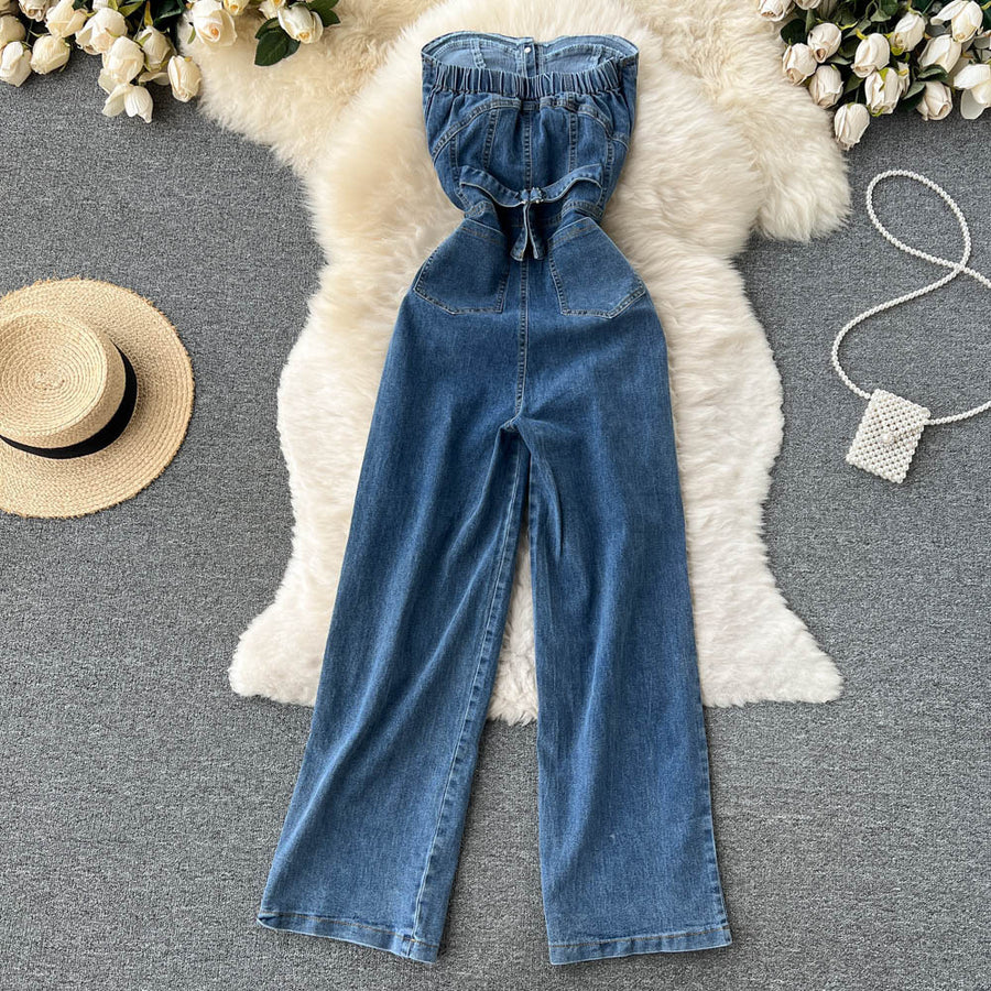 Hot Girl High Waist Denim Tube Top One Piece Wide Leg Pants Women Spring And Summer