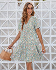 Women's V-neck High Waist Flower Short Sleeve Ruffles Dress