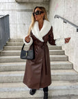 Casual Lace Up Fashion Fur Collar Pocket Loose Leather Coat