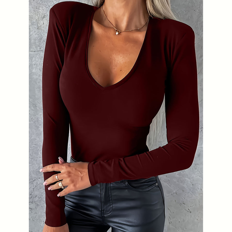 Casual Long-sleeved V-neck Tight Bottoming T-shirt