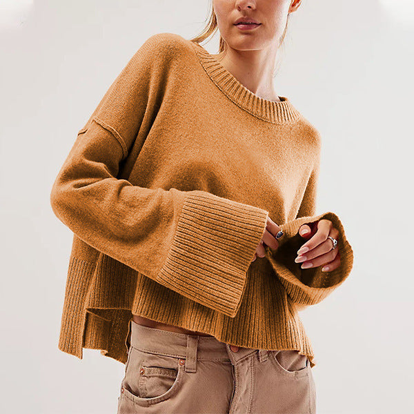 Solid Color Round-neck Flared Sleeves Pullover Sweater