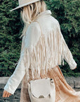 Women's Faux Suede Leather Fringe Jacket Motorcycle Moto Biker Short Open Front Tassel Coat