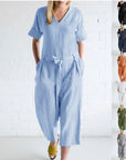 Women's Solid Color Pure Cotton And Linen Loose Strap Pocket Jumpsuit