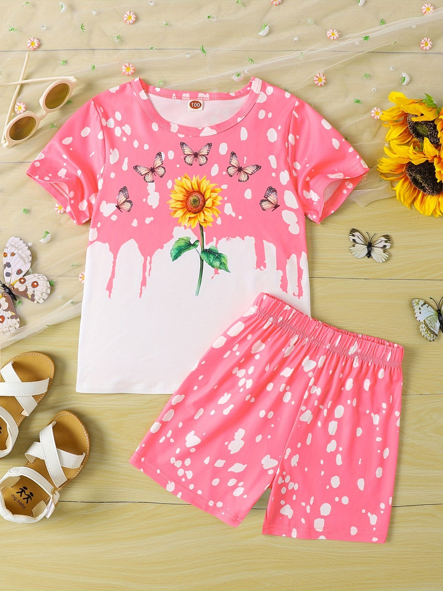 Girls Sunflower And Butterfly Pattern Short Sleeve Top Shorts Suit