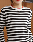 Round Neck Striped Sweater Women's Cotton Long Sleeve T-shirt Navy-striped Shirt Loose Bottoming T-Shirt