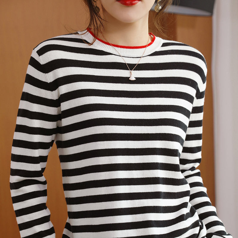 Round Neck Striped Sweater Women's Cotton Long Sleeve T-shirt Navy-striped Shirt Loose Bottoming T-Shirt